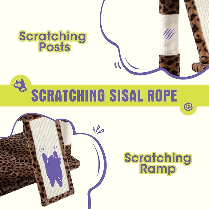 WEEWAY Cat Tree Tower for Indoor Cats,81'' Multi-Level Cat Furniture Activity Center,Stand House Condo Cave,Sisal Scratching Posts Ramps,Plush Perches Platforms Basket Hammock,Leopard Print