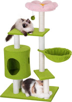 41.2'' Flower Cat Tree with 3 Scratching Posts, Small Cat Tower Cute for Indoor Girl Cat, Cozy Condo Cave Hammock Perch Bed for Kitten Pet, Green