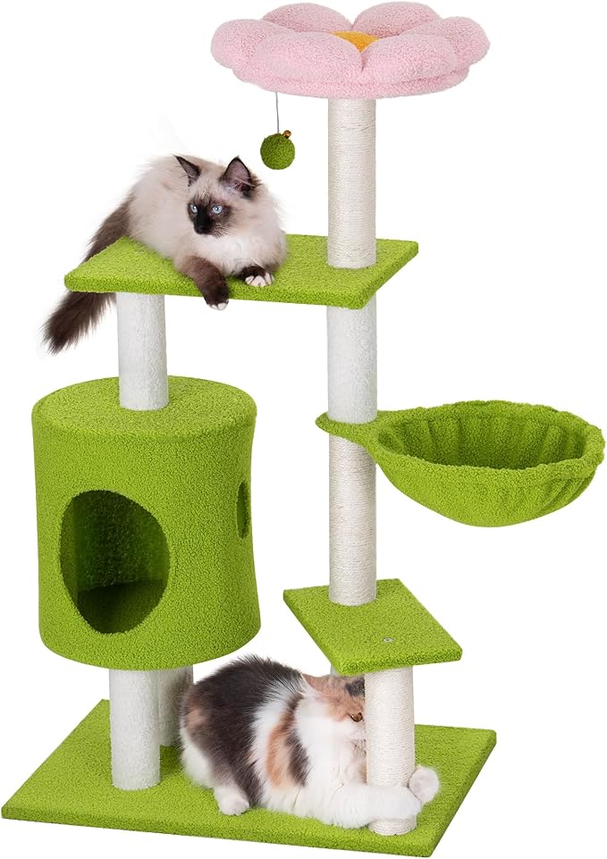 41.2'' Flower Cat Tree with 3 Scratching Posts, Small Cat Tower Cute for Indoor Girl Cat, Cozy Condo Cave Hammock Perch Bed for Kitten Pet, Green