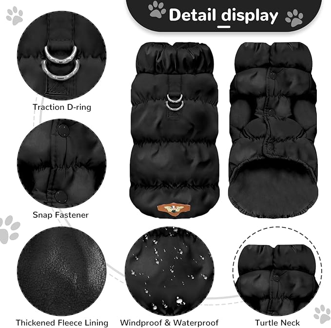 Winter Warm Dog Jacket for Small Medium Dogs Cat Cold Weather Coats with Harness Paded Dogs Fleece Vest Waterproof Windproof Dog Snow Jacket Pet Puppy Clothes (Black,M)