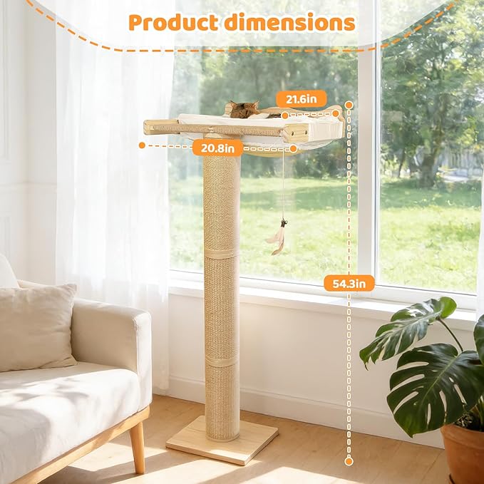 54.3" Cat Window Perch with 3 Adjustable Roman Column Sisal Posts, White Fluffy Cusion, Drill-Free Suction Cups, Multi-Level Climbing Perch, 60 lbs Capacity