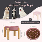 Elevated Slow Feeder Dog Bowl - Ceramic Food Dish with Bamboo Stand - Raised Maze Design - Ideal for Medium to Large Dogs - Pink - 8.8 inch
