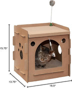 Furhaven Cardboard Cat House w/ Catnip for Indoor Cats, Ft. Scratching Pads & Toys - Modern Condo Corrugated Cat Scratcher Hideout - Cardboard Brown, One Size