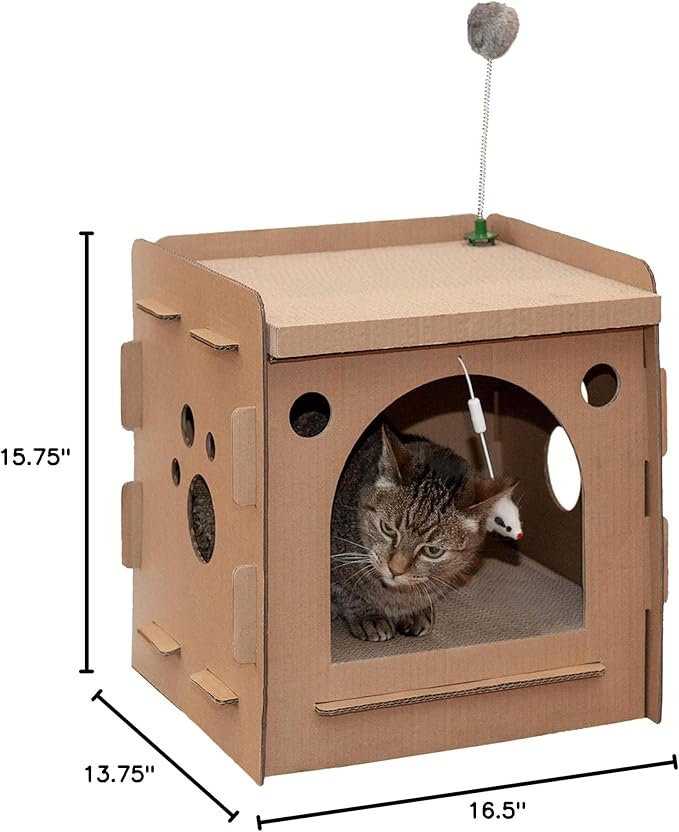 Furhaven Cardboard Cat House w/ Catnip for Indoor Cats, Ft. Scratching Pads & Toys - Modern Condo Corrugated Cat Scratcher Hideout - Cardboard Brown, One Size