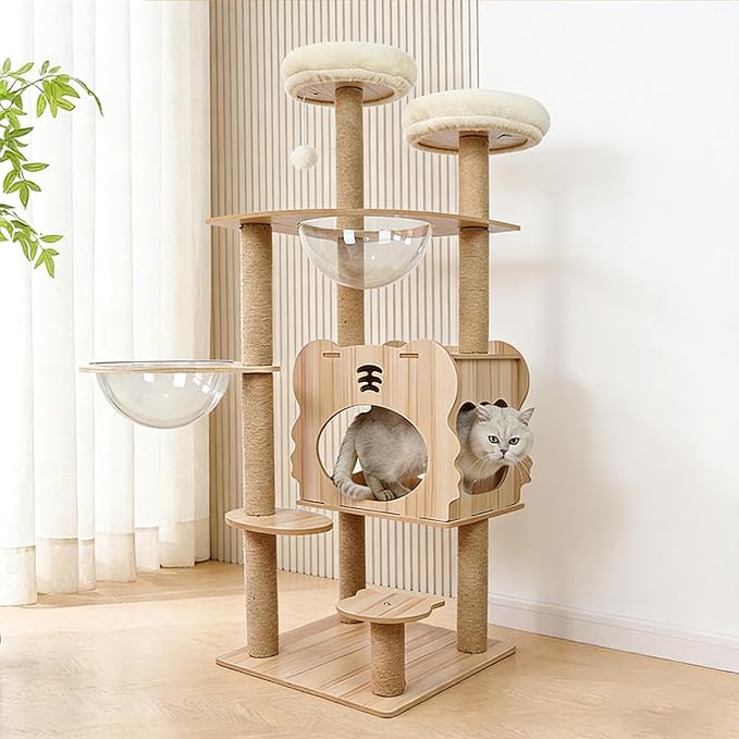 Cat Tree, 54 Inch Wooden Cat Tower with Scratching Postfor for Large Cats, Multi-Level Tall Cat Tower with Cat Condo, Hammock, Space Capsule and Top Bed for Indoor Cats
