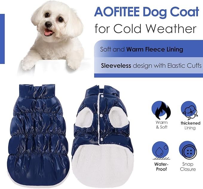 AOFITEE Dog Coat, Waterproof Dog Jacket, Winter Coats for Small Dogs, Windproof Dogs Puffer Jacket, Fleece Pet Snowsuit Puffer Vest with Snap Closure, Cold Weather Coats for Boy Girl Puppy, Silver, S