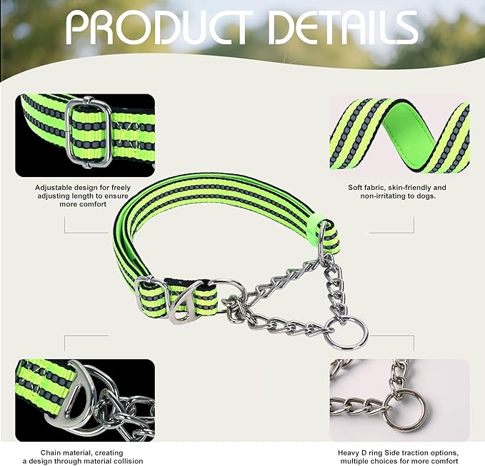 Reflective Martingale Dog Collar - Heavy Duty No-Pull Training Collar with Dual D-Rings, Adjustable Choke Chain Design & Soft Padded for American Bulldog Bullmastiff - Green XXL