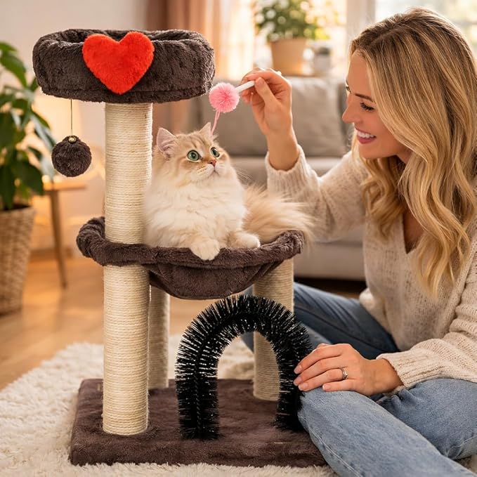 27.8" Small Cat Tree Tower for Indoor Cats, Multi-Level Cute Cat Tree with Scratching Post| Plush Hammock| Perch| Replaceable Cover| Groomer Brush| Dangling Ball for Kittens Play & Rest