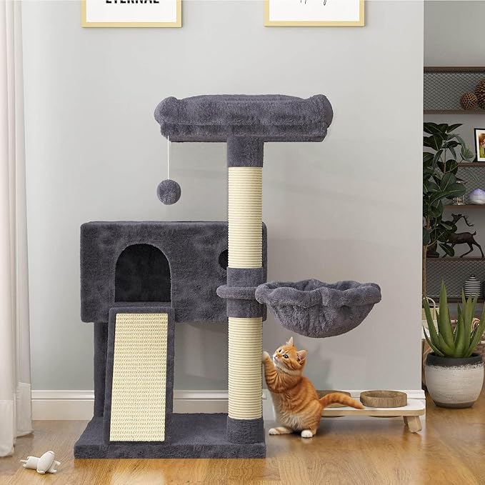 SHA CERLIN Cat Tree 36 Inches Cat Tower with Hammock, Sisal Scratching Post for Indoor Kittens, Small Room, Smoky Grey