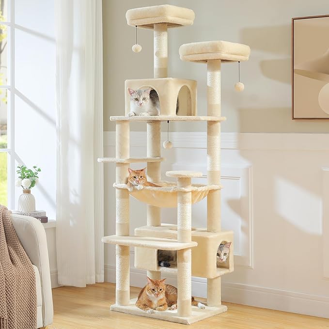 PAWZ Road Large Cat Tree, 72 Inches Cat Tower for Large Cats, Cat Condo with Sisal-Covered Scratching Posts and Pads, 2 Padded Perch, Dual Condo and Basket for Indoor Cats-Beige