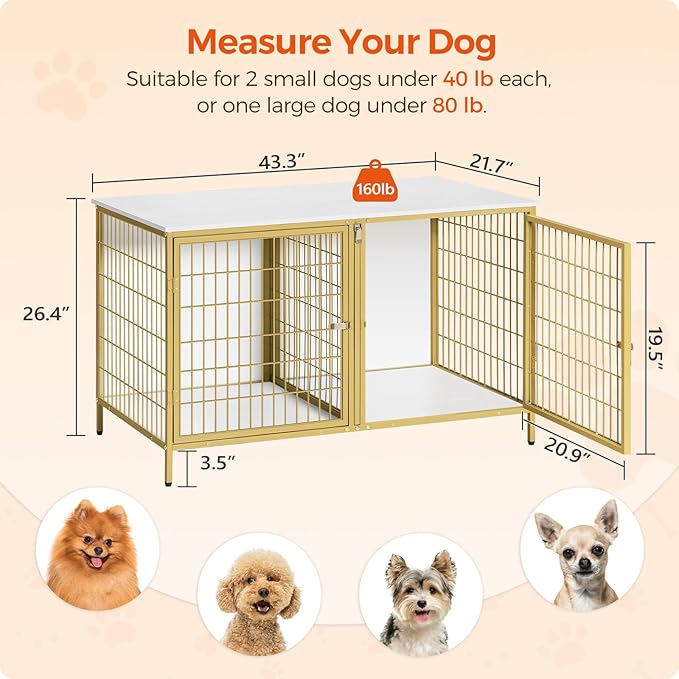 Dog Crate Furniture for 2 Dogs, 43.3" Dog Kennel with Removable Divider, Heavy Sturdy Dog Furniture Style Double Cage for Small Medium Dog, Indoor Pet House End Table, White and Gold