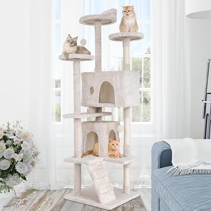 Cat Tree with Scratching Post,Cat Tower House for Indoor Large Adult Cats Kittens,21" Multi-Level Activity Cat Cando Furniture,Beige