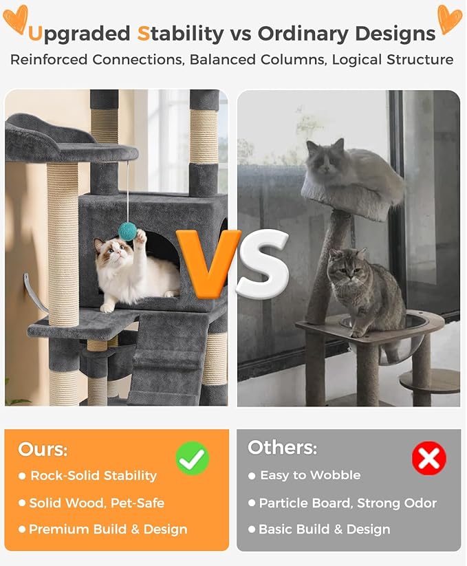 Catlike Rock-Solid 76" Tall Cat Tree Tower for Indoor Cats Large Adult, Heavy Duty Multi-Level Large Cat Tree with Sisal Scratching Posts, Perches, Cat Condos, Hammock Baskets, Cat Tower Charcoal Grey