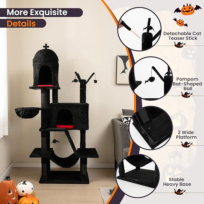 Tangkula Gothic Cat Tree, 67 Inch Tall Cat Tower with Sisal Scratching Posts and Ladder, 2 Cat Condos, Hammock, Basket Bed, Spooky Dangling Balls, Halloween Black Goth Cat Tree for Indoor Cats