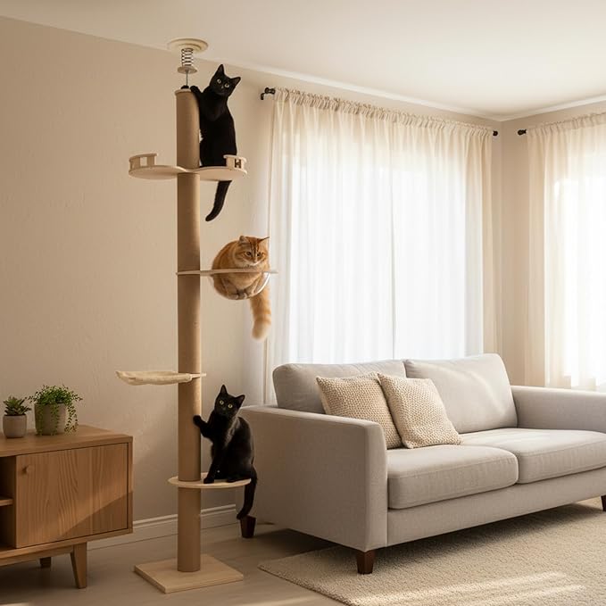 Floor to Ceiling Cat Tree, Adjustable Height(100.4-104.3'') Solid Wooden Tall Cat Tower for Indoor Cats with Springboard, Space Capsule, U-Shaped Hammock, Double Watchtower, for Indoor 33 LBS Cats
