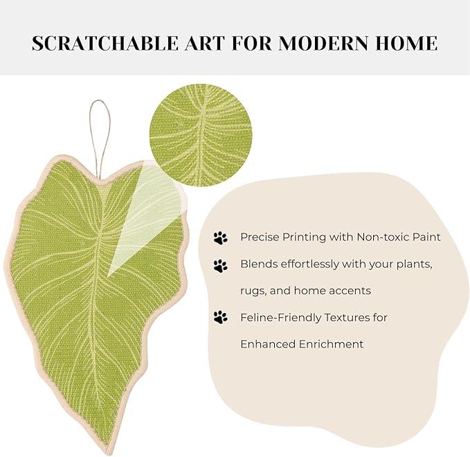 Botanical Leaf Cat Scratching Mat – Leaf-Shaped Natural Sisal Pad for Wall & Floor, Hanging Cat Scratcher with Catnip Pompom, Unique Indoor Jungle Decor & Furniture Protector (21.7 x 13 x 0.2 inches)