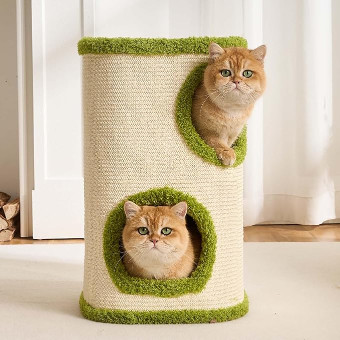 Cat House for Indoor Cats with Scratchable Sisal Material,2 Hideaways & 3 Soft Pads – Sturdy Multi-Level Cat Condo &Space-Saving Furniture for Multiple Pets, Easy to Assemble