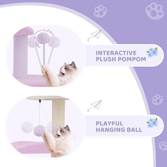 Magshion Flower Cat Tree for Indoor Cats, 33" Cute Cat Tower with Scratching Post, Condo, Top Flower Perch and Dangling Balls, Compact Cat Stand for Kittens, Purple