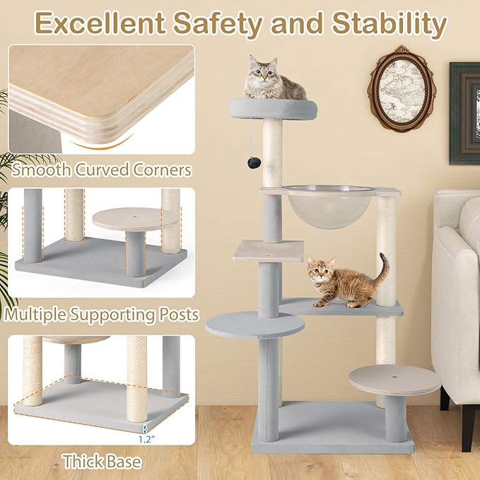 Tangkula Modern Cat Tree, 44 Inch Multi-Level Cat Tower with Removable Padded Top Perch, Sisal Scratching Posts, Jumping Platforms, Dangling Ball, Kitty Activity Center for Indoor Cats