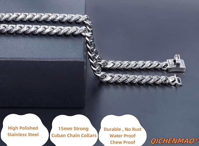 Heavy Duty Cuban Link Chain Dog Collars 15MM Gold/Silver Stainless Steel Metal Walking Training Collars with Cute Secure Design Buckle, Chew Proof, for Large Medium Small Dogs (Silver, 24'')