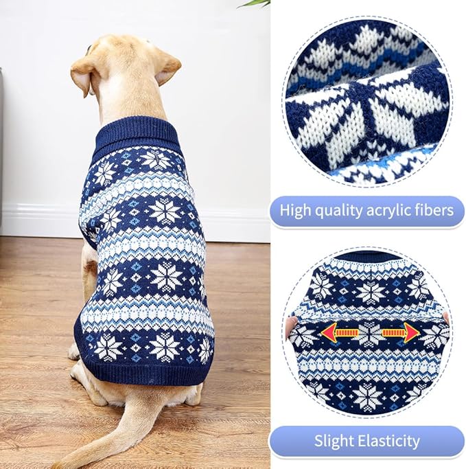KOOLTAIL Cable Knit Dog Sweater Turtleneck, Cold Weather Pullover Classic Knitwear, Snowflake Pattern Thick Warm Winter Pet Clothes, Dog Christmas Sweater for Small Medium Large Dogs Cats, Navy Blue L