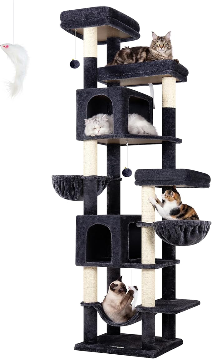 Globlazer 82 Inch Cat Tree for Large Cats, Multi-Level Tall Cat Tower for 4+ Cats with 2 Condos & 3 Perches, Stable No-Wobble Large Base, Space-Saving Corner Furniture, F82B, Dark Gray