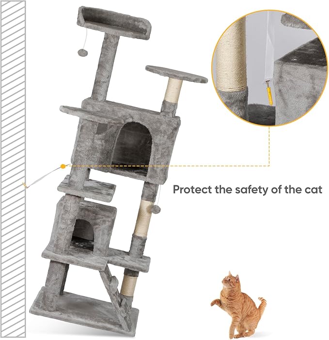 LEMY 54 Inch Cat Tree,Multi-Level Cat Tower Condo for Indoor Kittens,Light Grey Cat House with Sisal-Covered Scratching Post for Cats to Play and Sleep