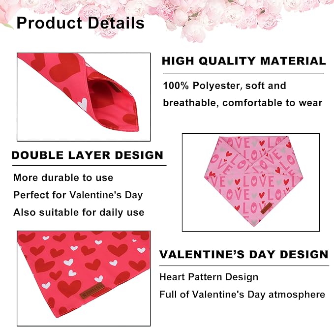 ADOGGYGO Valentine Dog Bandana, Heart and Love Pet Scarf, Premium Durable Fabric, Red Pink Valentine Bandanas for Small Dogs (Small)