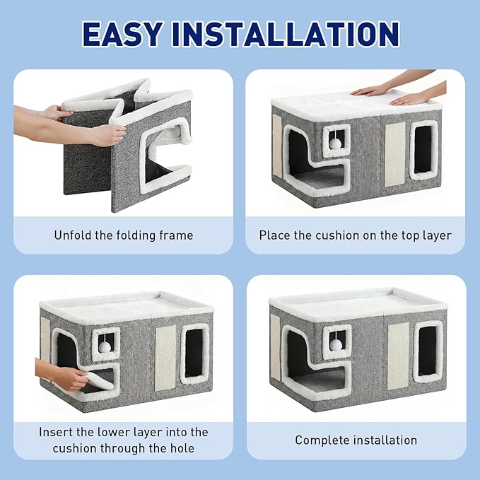 Cat Houses for Indoor Cats,Foldable with Cat Scratch Pad and Hanging Fur Ball - Washable Semi-Enclosed Cat Bed, Warming Comfy Cat Tent,22.83x16.92x12.99inch, Grey