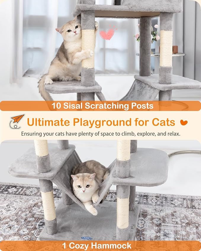 Cat Tree, 81-Inch Tall Cat Tower with Scratching Post, Plush Multi-Level Cat Condo with 2 Perches, 2 Caves, 2 Basket, Hammock for Indoor Cats Light Grey
