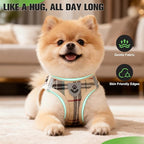 EXPAWLORER Plaid Small Dog Harness and Leash Set with AirTag Holder - No Pull Soft Padded Step in Dog Vest Harness Medium Sized Dog, Reflective Puppy Harness, Collar and Leash for Walking, Khaki S