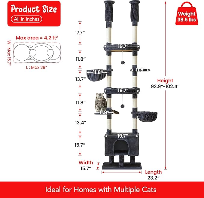 Cat Tree, Floor to Ceiling Cat Tower Adjustable Height [92.9-102.4in=235-258cm], 7 Tiers Cat Climbing Play House with Scratching Post, Cozy Condo&Hammocks for Indoor Cats, Smoky Grey