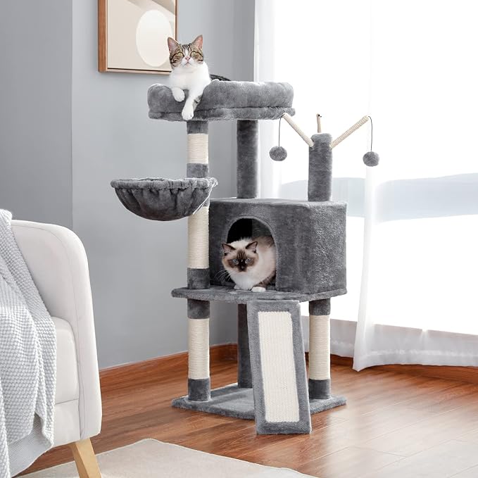 Cat Tree, Multi-Level Cat Tower for Indoor Cats, Cat Climbing Tree Condo with Sisal Covered Scratching Posts, Deep Hammock and Interactive Cat Toy, Gray