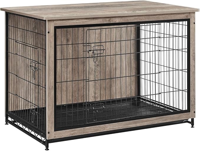 Feandrea 44.1" Dog Crate Furniture, Indoor Dog Cage Side End Table, XL Pet Wood Kennel for Large and Medium Dogs up to 80 lb with Multi-Purpose Removable Tray, Double-Door Pet House, Greige