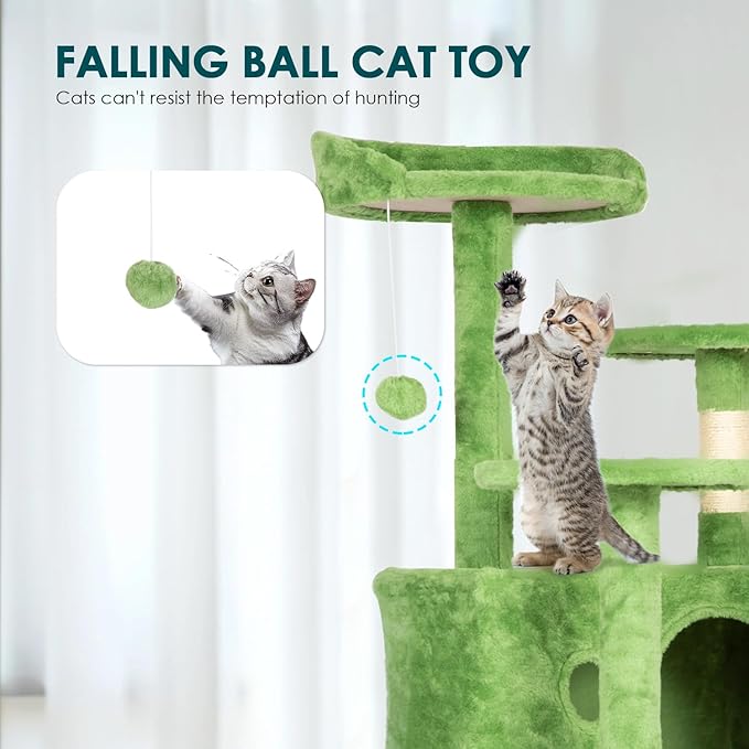 Cat Tree 53 inches Cat Tower for Indoor Cats Cat House with Replaceable and Removable Dangling Ball Cat Trees and Towers with Funny Toys, Green