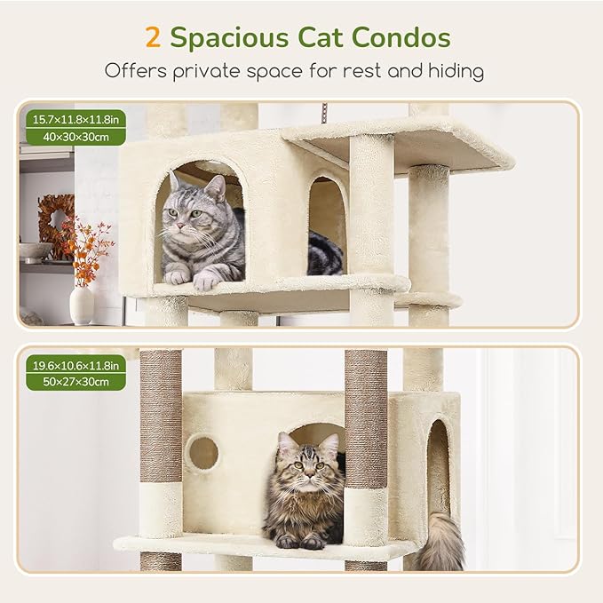 Globlazer Cat Tree for Indoor Cats Large Adult, 74in Tall Cat Tower with Scratching Post, Heavy Duty Cat Tree Tower with 2 Spacious Caves, Oversized Top Perch, Big Hanging Basket, F74B, Beige