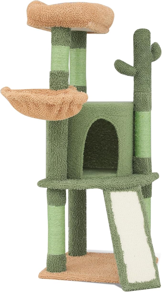 42" Cactus Cat Tree with Sisal Scratching Ramp, Cats Tower with Cozy Condos, Hammockand, Bed Perch Activity Center for Kittens to Adults Cats, for Living Room, Bedroom, Apartments, Green