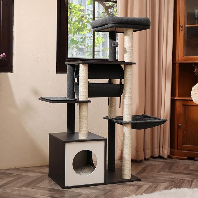 52" Cat Tree for Indoor Cats Large Adult, Modern Cat Tower with Fully Sisal Covered Scratching Posts, Cat Furniture with Spacious Perch, Super Large Hammock, Cozy Condo and Swing Tunnel Black