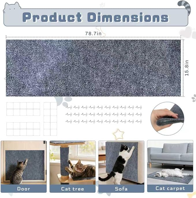 78.7"X15.8" Cat Scratch Furniture Protector, Anti Scratch Couch Protector from Cat Claws, Self-Adhesive Cat Scratching Pads, DIY Couch Cat Scratcher for Corner Sofa Wall & Door (Gray)