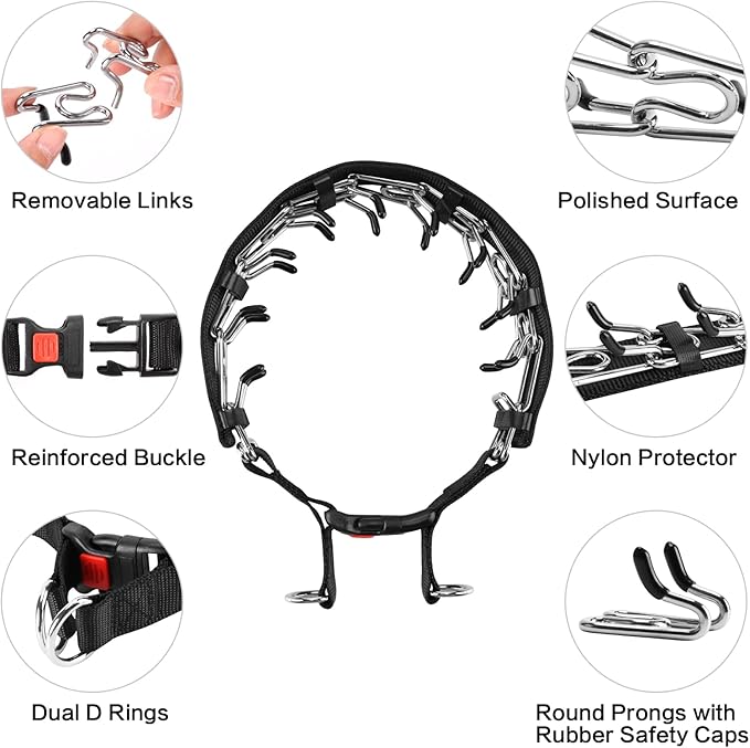 Prong Training Collar with Comfort Tips and Quick Release Snap Buckle - Dog Choke Pinch Collar with Nylon Cover - Classic Collar and Leash