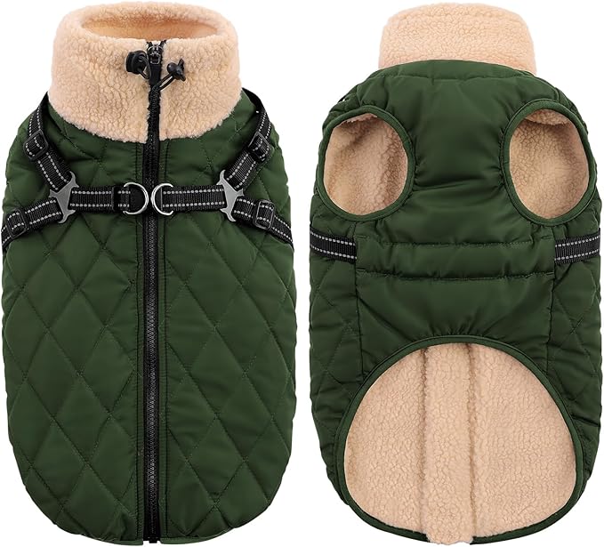 Queenmore Dog Jackets for Medium Dogs, Dog Coat with Harness Built in, Waterproof Pet Winter Coat with Zipper On Back Doggy Snowsuits Warm Pet Jacket for French Bulldog, Poodle, Corgi, ArmyGreen M