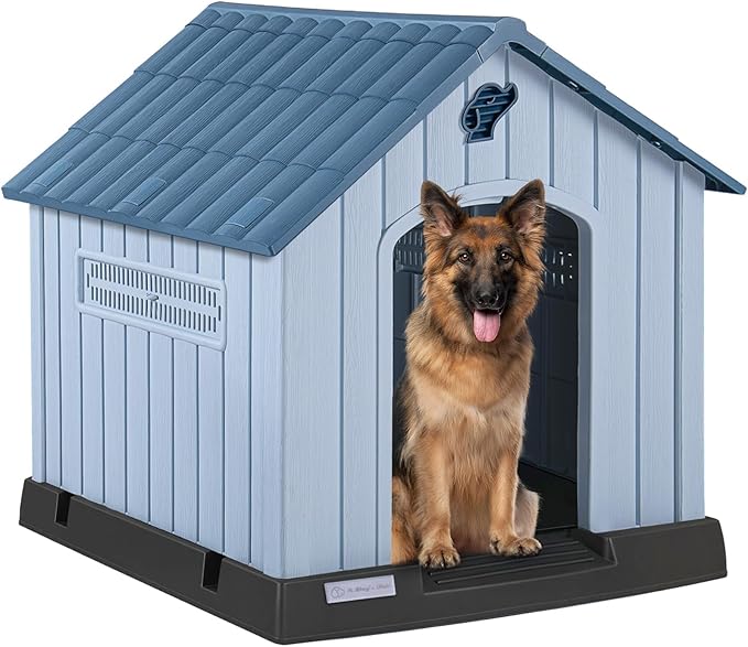 PUKAMI Large Dog House Outdoor Indoor, Plastic Dog House Weatherproof for Large Dogs, Sturdy Puppy Shelter with Air Vents and Elevated Floor, Easy Clean and Assemble (Blue, 37.2" D x 40" W x 40" H)