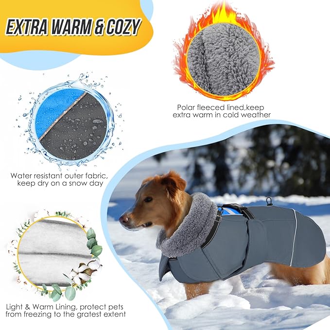 SlowTon Dog Winter Coat, Windproof 3 Layers Thick Warm Fleece Lining Dog Jacket for Cold Weather, Reflective Dogs Apparel with Leash Opening for Medium Large Dogs(Blue,3XL)