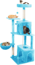 Cat Tree, 54-Inch Cat Tower for Indoor Cats,Plush Multi-Level Cat Condo with Scratching Posts, Basket, Perches,2 Caves,2 Pompoms(Blue)