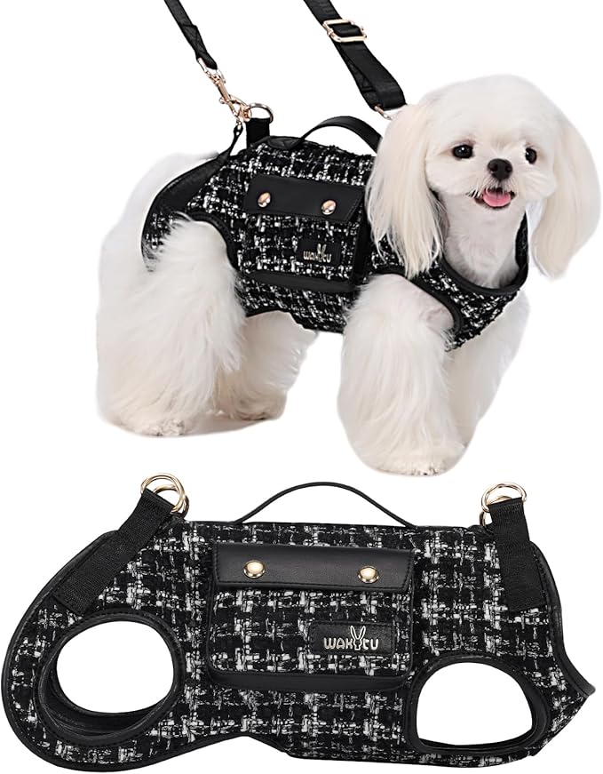 Dog Lift Harness Dog Carrier Dog VES Harness Adjustable Dog Leash with Small Puppy Treat Bag（Black,S）