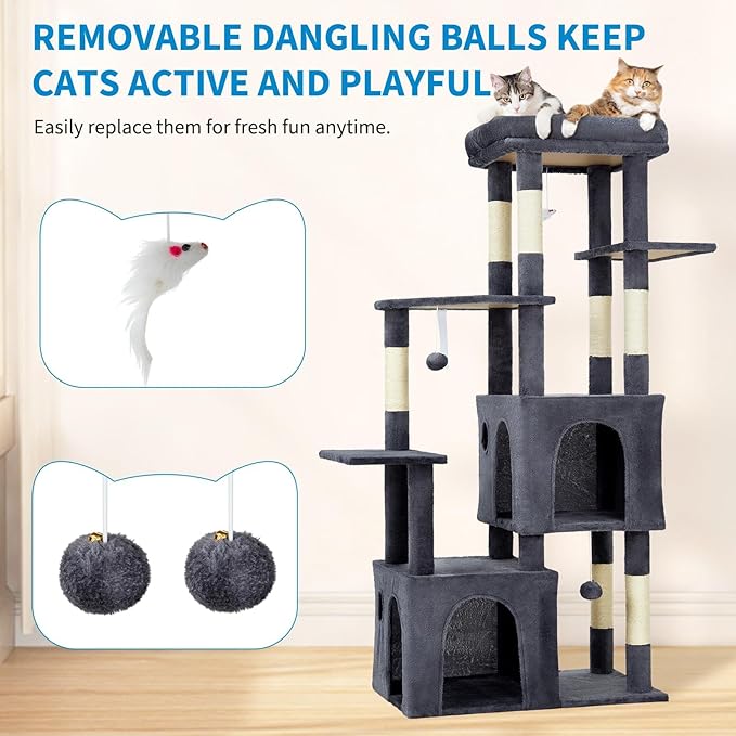 Cat Tree 61" Tall, Sisal Wrapped Scratching Post, Cat Nest, Hanging Ball, Extended Platform