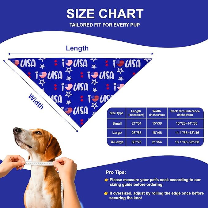 4th of July Dog Bandanas 2-Pack for Medium Large Dogs - Double-Sided Patriotic USA Flag & Paw Print Tie-On Scarves, Red White Blue for Boy or Girl Pups, 14-18" Neck