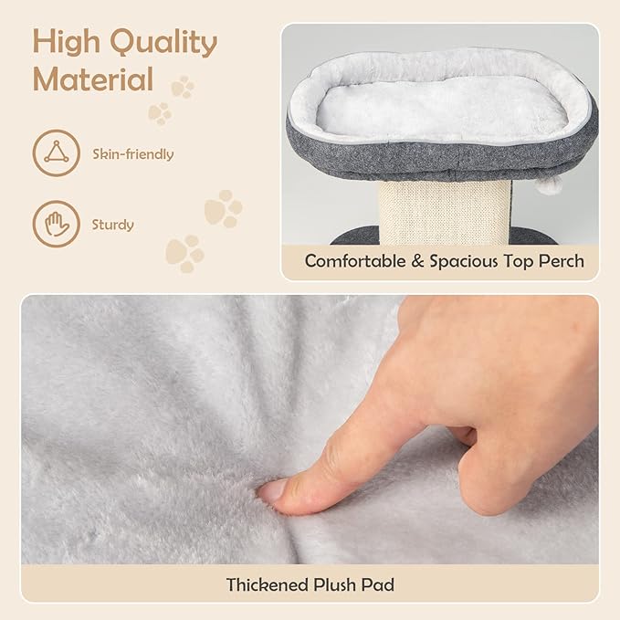 PETSITE 19.5-inch Small Cat Tree, 2-Tier Minimalist Cat Tree with Sisal Scratching Post, Extra Large Comfy Top Perch, and Dangling Ball, Ideal for Indoor Cats, Supports up to 44 lbs, Grey