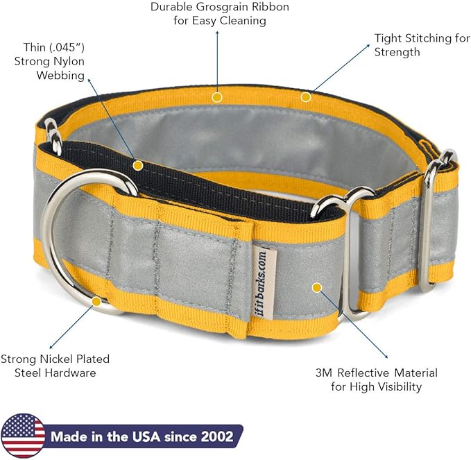 If It Barks - 1.5" Reflective Martingale Collar for Dogs - Adjustable - Made in USA - Strong, Durable, and Comfy - Ideal for Training - Suitable for Most Breeds - Large, Yellow Gold