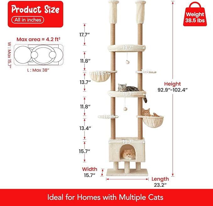 Cat Tree, Floor to Ceiling Cat Tower Adjustable Height [92.9-102.4 in=235-258cm], 7 Tiers Cat Climbing Play House with Fully Sisal Scratching Post, Cozy Condo & Hammocks for Indoor Cats, Beige